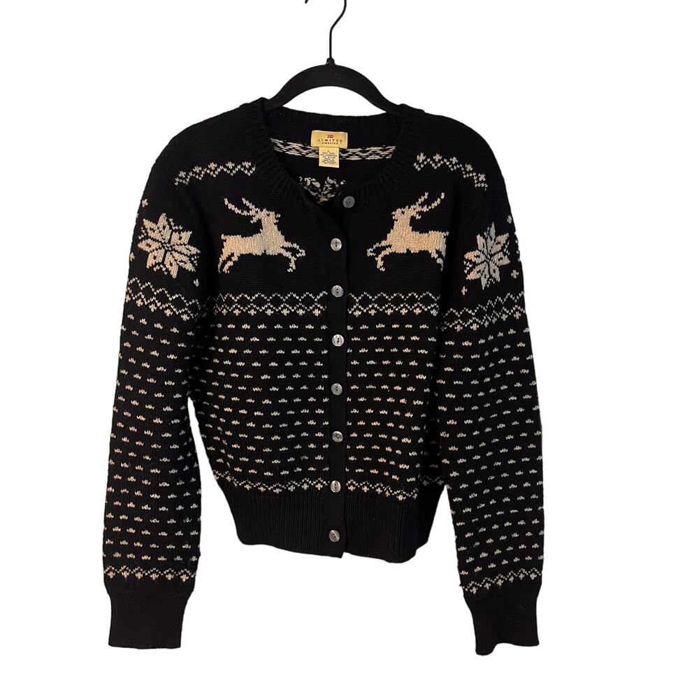 Limited America Black Fair Isle Wool Reindeer Christmas Cardigan Size Large